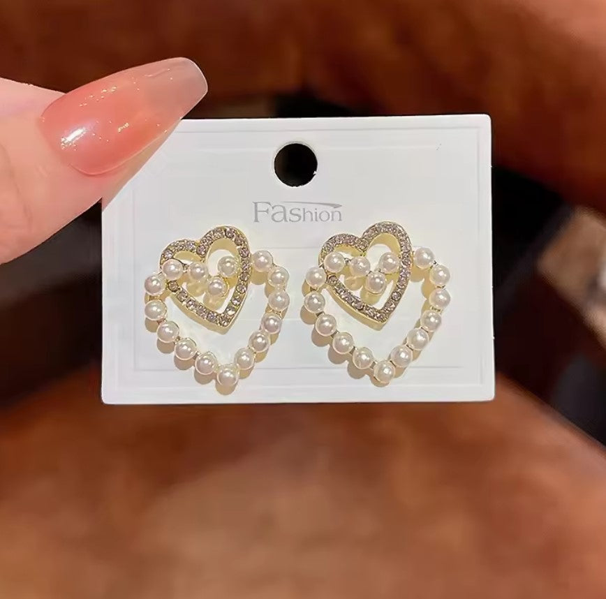 Pearl Double Heart Stud Earring