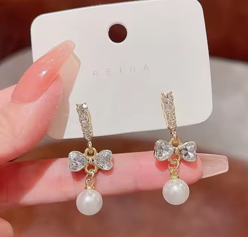 Bow Pearl Crystal Drop Earring