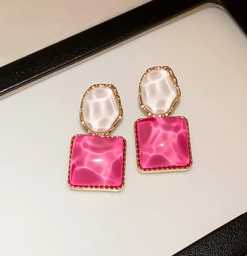 Geometric Crystal Drop Korean Earring Pink