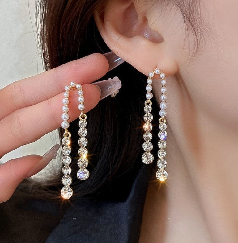 PEARLS ZIRCON TASSEL DROP EARRINGS