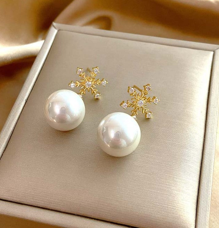 PEARL ZIRCON FLOWER DROP KOREAN EARRINGS