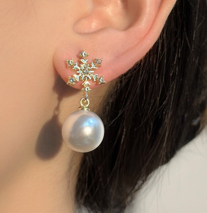 PEARL ZIRCON FLOWER DROP KOREAN EARRINGS