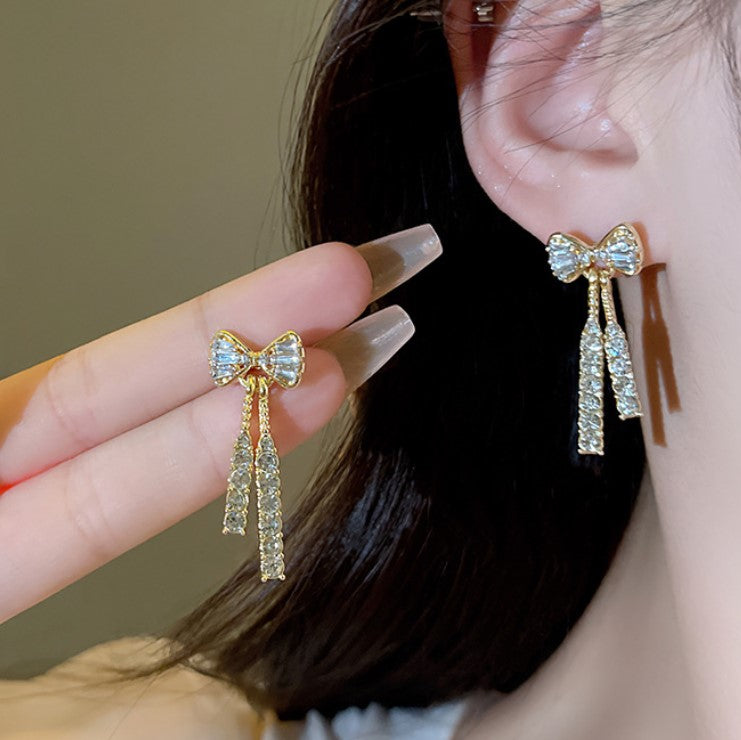 BOW TIE ZIRCON DROP KOREAN EARRINGS