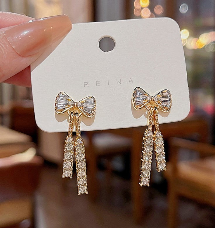 BOW TIE ZIRCON DROP KOREAN EARRINGS