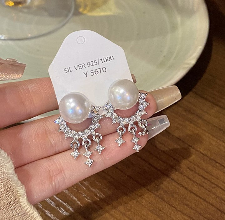 SILVER PEARLS ZIRCON DROP KOREAN EARRINGS