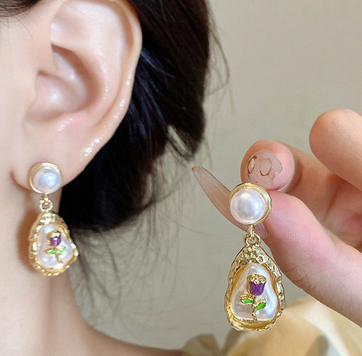 PEARLS FLOWER DROP KOREAN EARRINGS