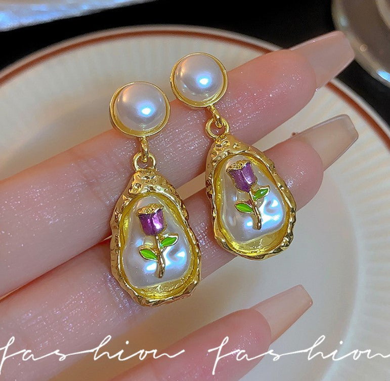 PEARLS FLOWER DROP KOREAN EARRINGS