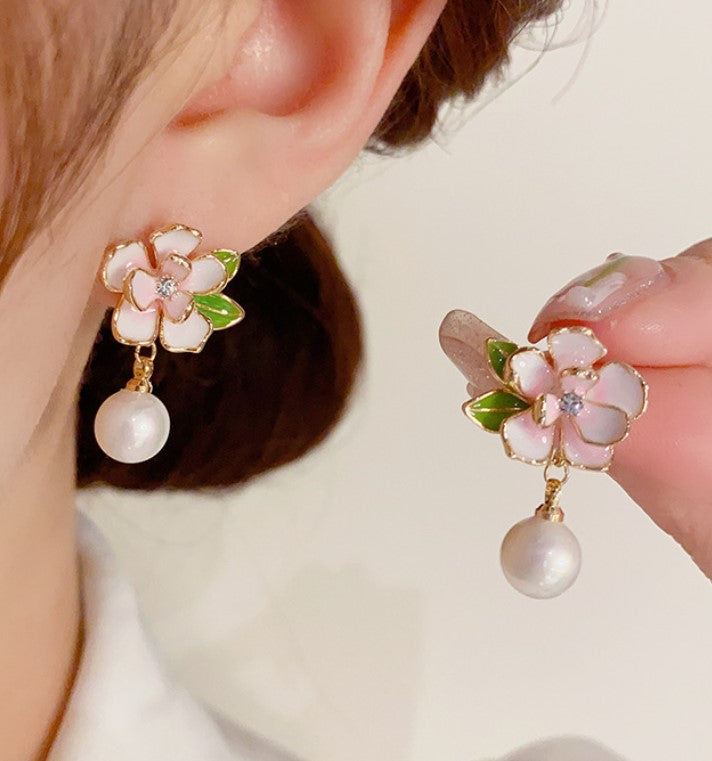 PEARLS ZIRCON KOREAN FLOWER DROP EARRINGS