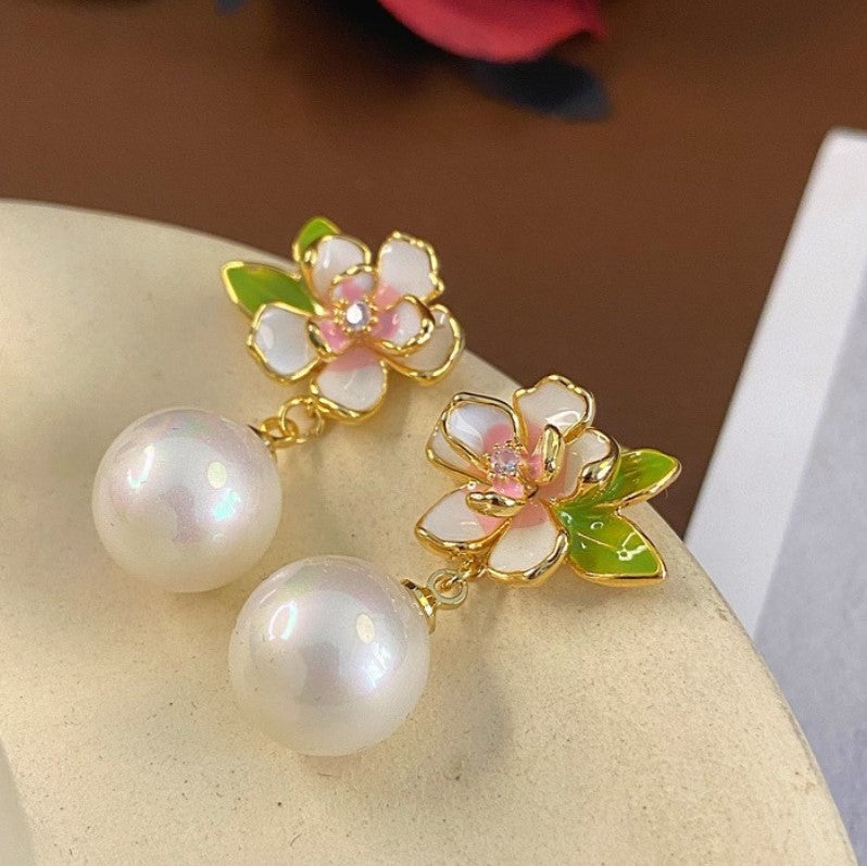 PEARLS ZIRCON KOREAN FLOWER DROP EARRINGS