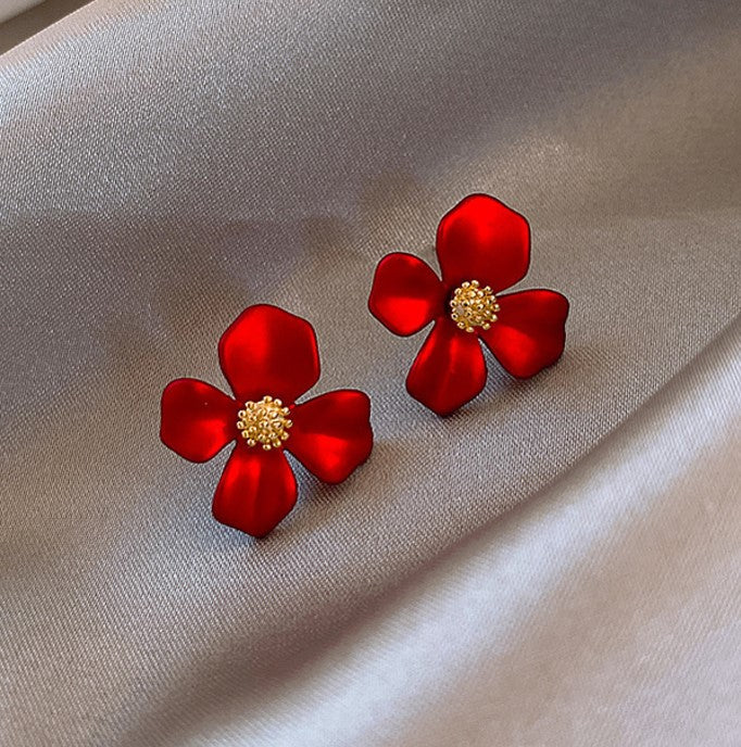 RED FLORAL FLOWER STUD KOREAN EARRING