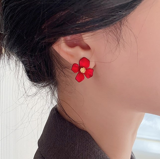 RED FLORAL FLOWER STUD KOREAN EARRING