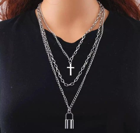 Lock Cross Multi-layered Chain Pendant Necklace