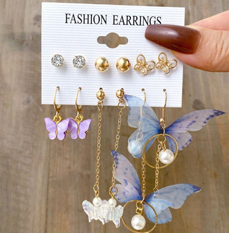 6 Pairs Combo Set Butterfly Stud / Dangle Earring