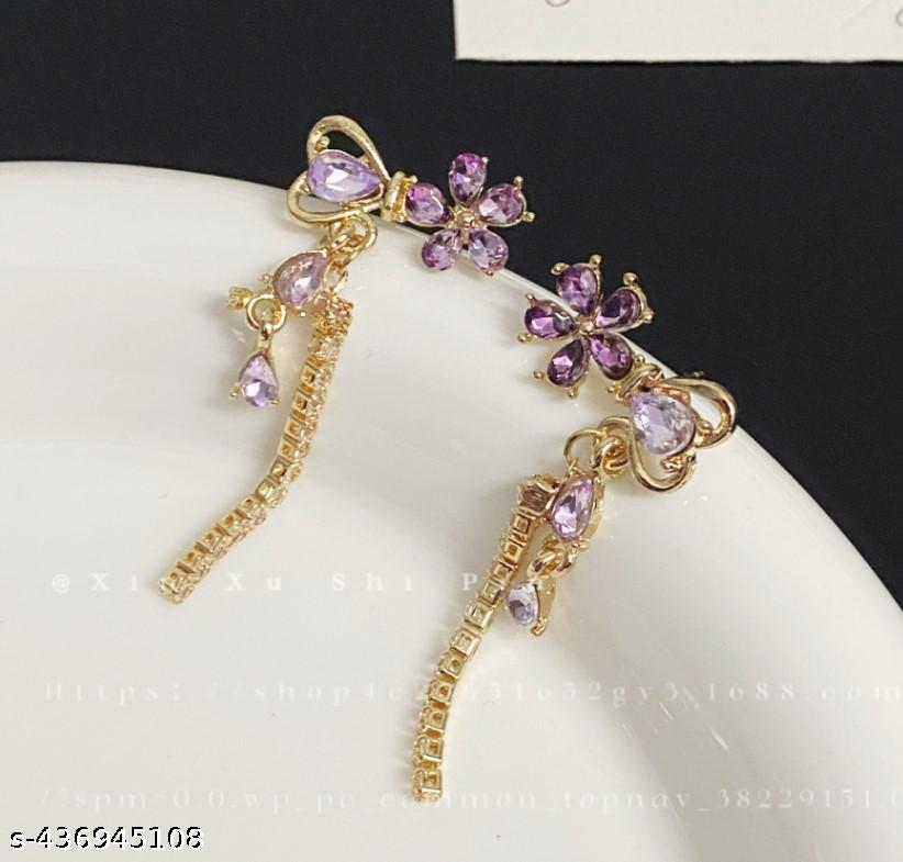 PURPLE CRYSTAL FLOWER CHAIN EARRINGS FOR WOMEN FLORAL EARRINGS